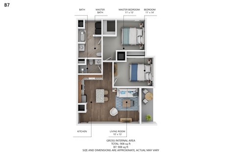 Floor plan for 2 beds, 2 baths, 908 sqft